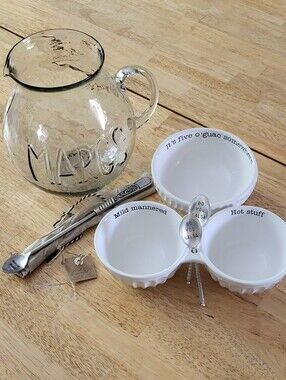 Mud Pie 'Margs' Glass Pitcher with Two White Ceramic Bowls For Salsa & Guacamole